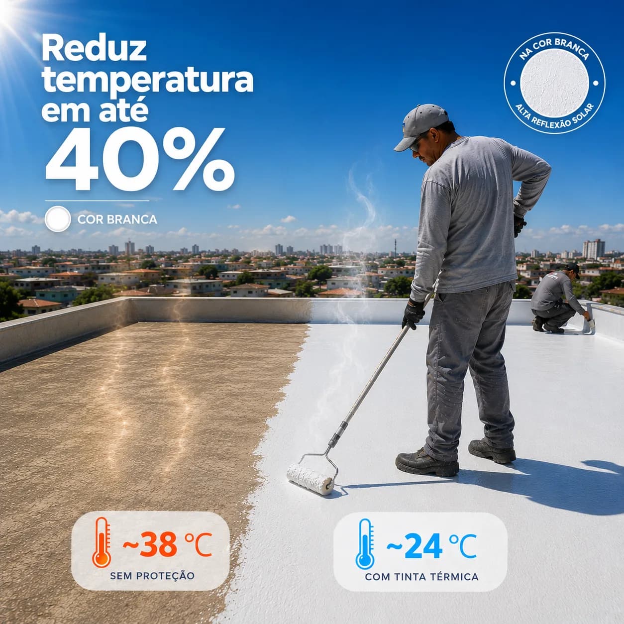 Aplicação de borracha líquida impermeabilizante branca em laje com rolo de pintura
