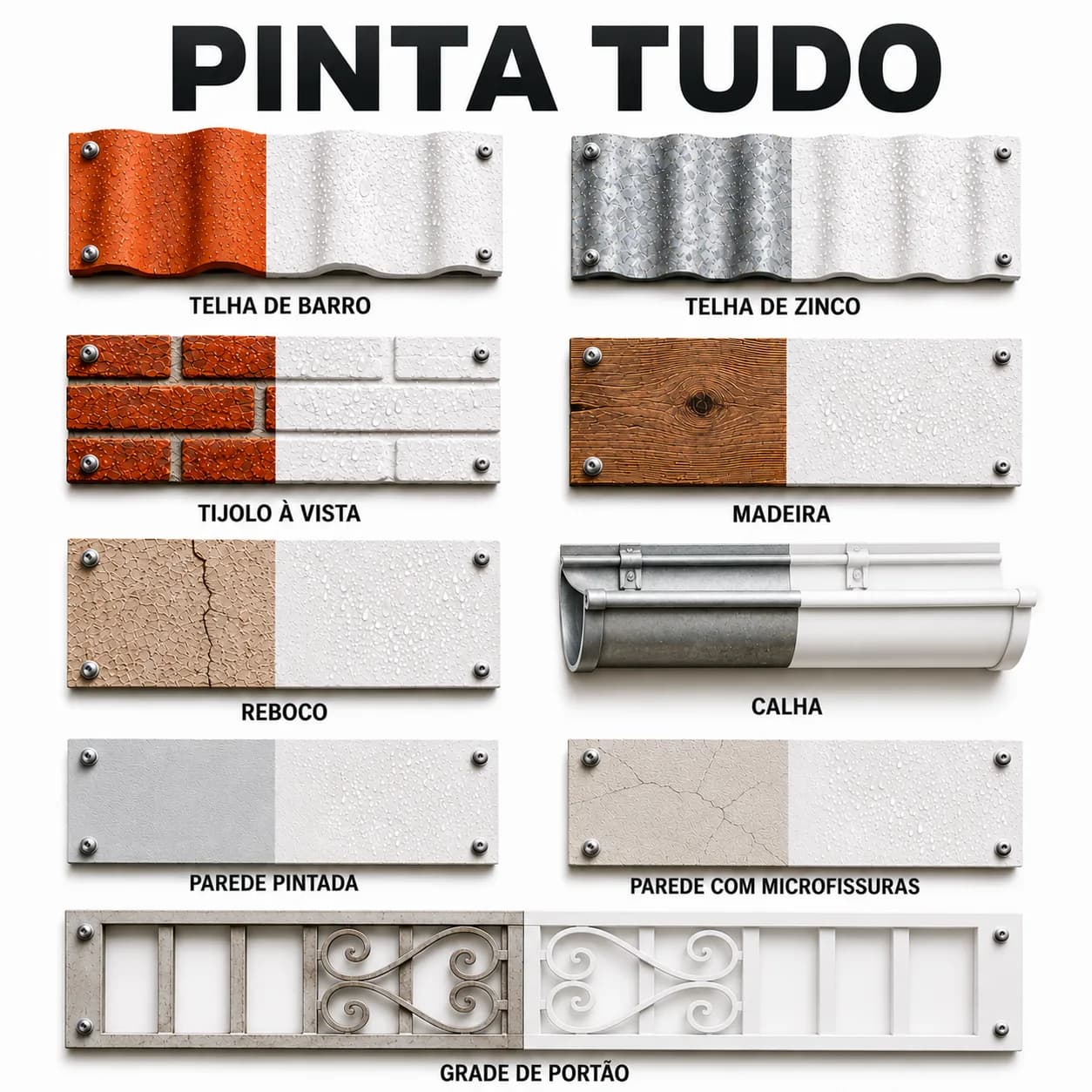 Superfícies que a borracha líquida pinta: reboco, parede com microfissuras e madeira